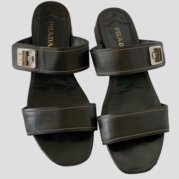 VINTAGE BLACK PRADA SLIP ON SLIDES LEATHER SANDALS WITH SILVER BUCKLE - Picture 1 of 16